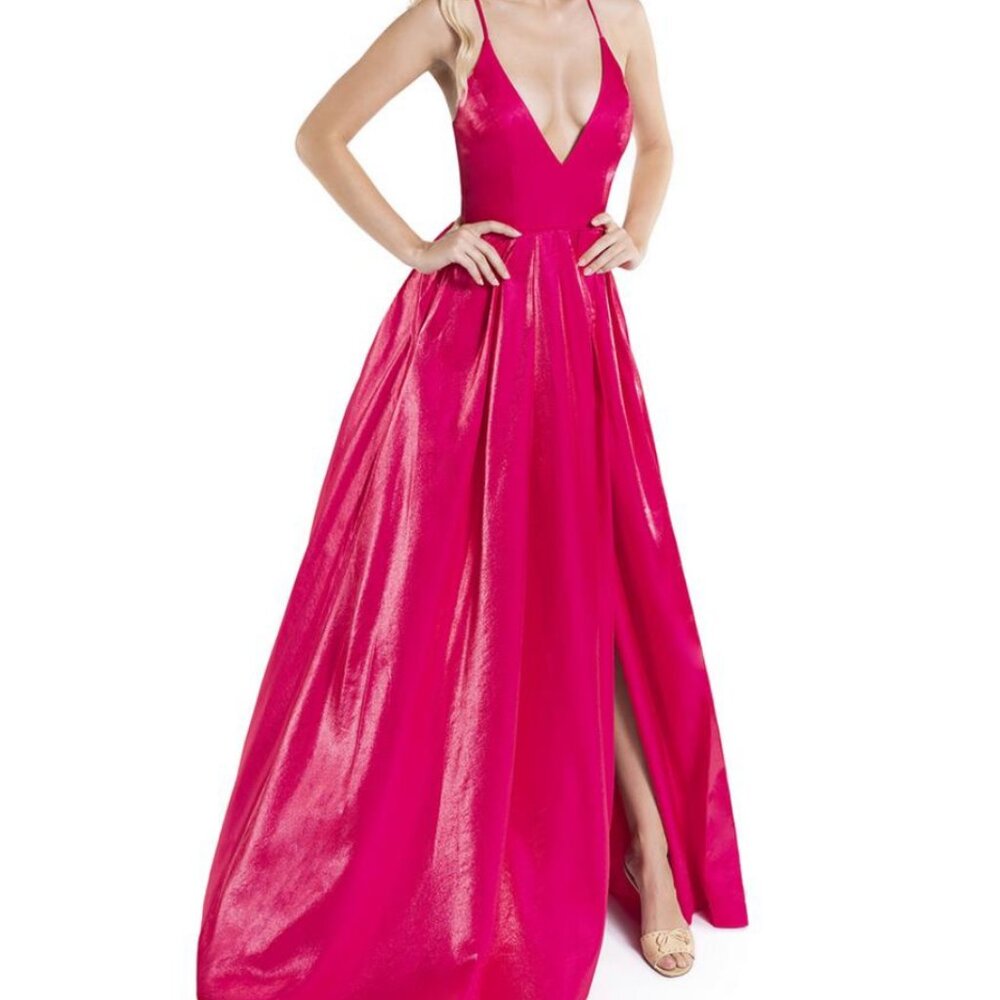 Gorgeous Abby Paris Fuchsia Gown with V-neck, lace-up back, thigh slit & POCKETS